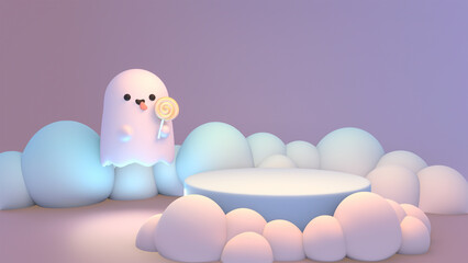 3d rendered cartoon podium and cute ghost with lollipop.