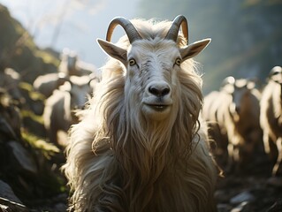 Herd of Mountain Goats on a Rocky Hill