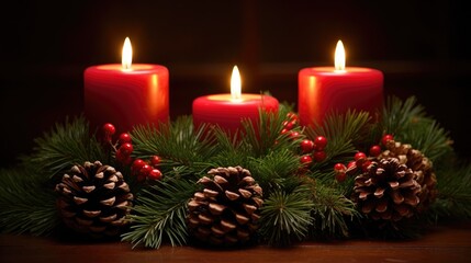 Obraz na płótnie Canvas Christmas glowing burning candles, lights and holiday decorations Advent Background. Christmas Decoration With Ornament. Festive mood. Cozy, magical home atmosphere..