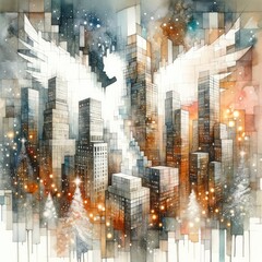 Christmas urban background with skyscrapers and angel. Digital illustration.