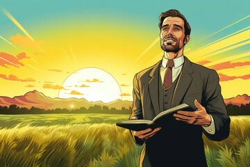 Vector illustration of a preacher reading the bible in a wheat field.
