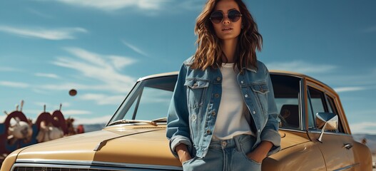 fashion model woman in blue denim jacket posing outdoor with vintage car