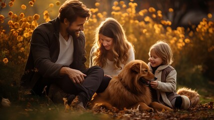 family with dog in the park enjoying sunny autumnal day
