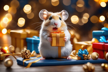 Cute hamster with a holiday box in his paws, New Year's card