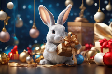 Fototapeta na wymiar Rabbit with a New Year's gift on the background of festive balls, New Year's mood, New Year's card