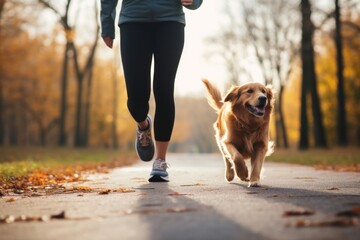 A person jogging with their dog as a fun way to exercise - obrazy, fototapety, plakaty