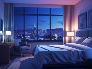 Luxurious hotel room interior featuring a bed with large window and tall chairs generative ai
