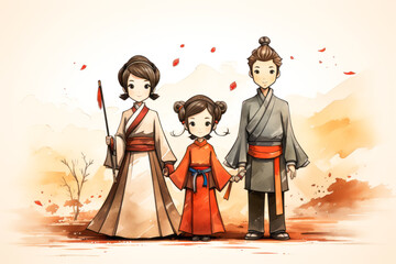Childish drawing of Chinese family in traditional costume.