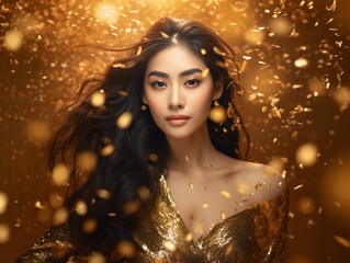 Beautiful Asian young woman in an elegant evening dress with beautiful makeup and golden confetti and dust flying. AI generated