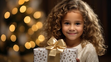 Fototapeta na wymiar A cute little girl holding a christmas present close to the tree, Generative AI