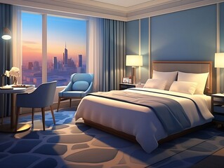 Luxurious hotel room interior featuring a bed with large window and tall chairs generative ai
