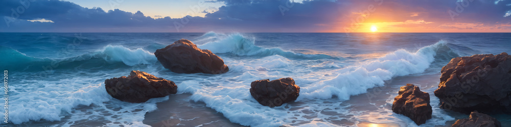 Wall mural panorama of a sunset over the ocean with waves crashing on the shore and several big stones in the w