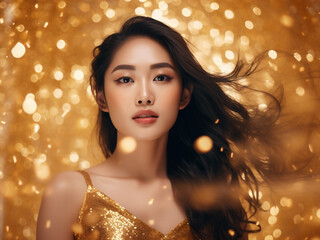 Beautiful Asian young woman in an elegant evening dress with beautiful makeup and golden confetti and dust flying. AI generated