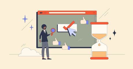 Conversion rate optimization to improve website efficiency retro tiny person concept. Business marketing campaign with targeted audience for best results vector illustration. CRM and lead management.