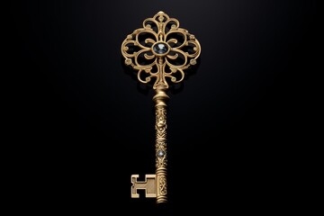 Fototapeta na wymiar Stylized golden or copper key isolated on black. The key represents access