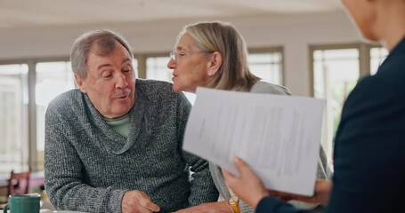 Old couple, financial advisor and handshake for insurance, retirement or deal for savings plan. Senior man, woman and consultant in meeting, agreement and paperwork, contract or documents for pension