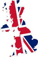 A contour map of Great Britain. Graphic illustration on a white background with the national flag superimposed on the country's borders - obrazy, fototapety, plakaty