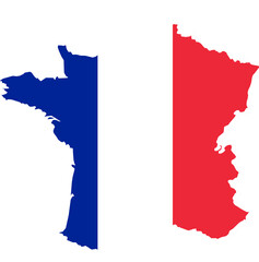 A contour map of France. Graphic illustration on a white background with the national flag superimposed on the country's borders