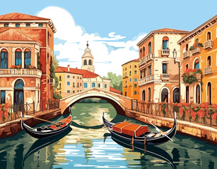 Fototapeta na wymiar Vibrant Venice light and shadow create a breathtaking picture. Ornate buildings, cascading flowers, and gondolas reflect the citys splendor. A graceful stone bridge stands at the center.