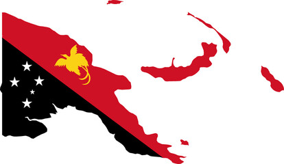 A contour map of Papua New Guinea. Graphic illustration on a white background with the national flag superimposed on the country's borders