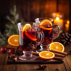 Two glasses of mulled wine with oranges and spices on wooden background