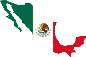 A contour map of Mexico. Graphic illustration on a white background with the national flag superimposed on the country's borders