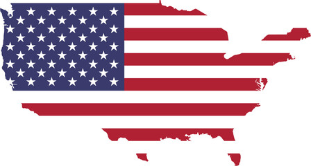 A contour map of USA. Graphic illustration on a white background with the national flag superimposed on the country's borders