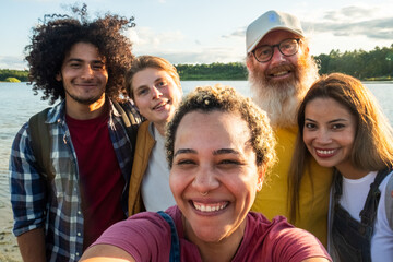 A joyful moment as a multiracial group of trendy millennial friends enjoys vacation, capturing...