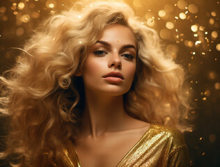 Beautiful caucasian young woman in an elegant evening dress with beautiful makeup and golden confetti and dust flying. AI generated