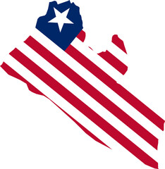 A contour map of Liberia. Graphic illustration on a white background with the national flag superimposed on the country's borders