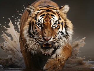 Obraz premium Portrait of a Ferocious Tiger Running Over the Mud