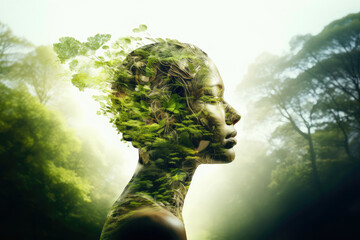 Double exposure of woman face with green leaves in her head and nature background