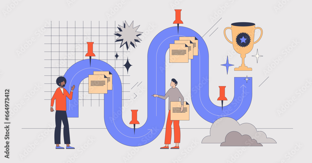 Poster customer journey optimization with improved process retro tiny person concept. buyer purchase steps 