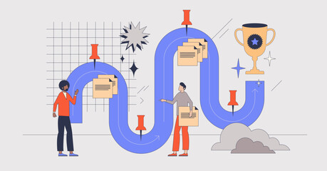 Customer journey optimization with improved process retro tiny person concept. Buyer purchase steps in shopping path vector illustration. Business ads strategy and efficient interaction with client.