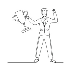 Continuous single line sketch drawing of business man successful achievement goal holding trophy reward. one line vector illustration success leader employee corporate celebration