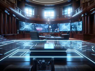 Futuristic illustration of a high-tech office of CEO expressing technology through AI-driven equipment integrating artificial intelligence into the working life