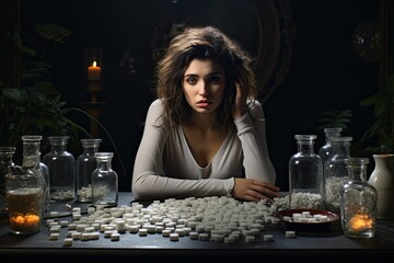 woman sitting on a table with medicine pills with a depressed attitude. Depression, anxiety, stress, suicide and mental illness concept