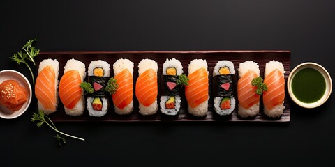 Sushi overhead flat lay panorama with chopsticks. Rolls, maki, nigiri on a black slate background, Japanese food. Salmon, eel, shrimp, tuna etc with rice and chopsticks