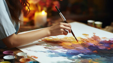 Naklejka premium Creative Touch. Female Artist Skillfully Paints a New Masterpiece. Generative AI