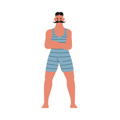 Modern flat vector illustration of young male standing front with arms crossed, wearing blue vintage swim suit isolated on white background