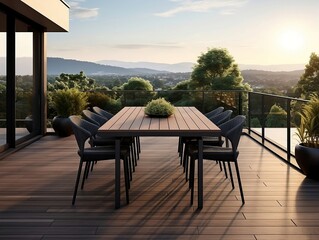 Fototapeta premium Modern terrace with large dining table and wooden floor in front of house generative ai