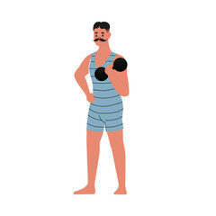 Modern flat vector illustration of young male standing with mustache showing his biceps and holding dumbbell, wearing blue vintage swim suit isolated on white background