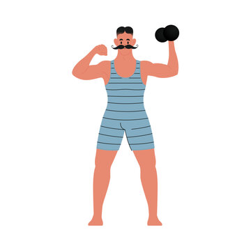 Modern flat vector illustration of young male standing front with mustache showing his biceps and holding dumbbell, wearing blue vintage swim suit isolated on white background