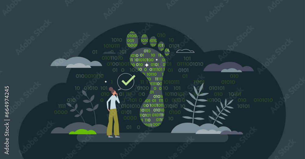 Poster digital footprint and track user activity on internet tiny person concept. cyberspace tracking and b
