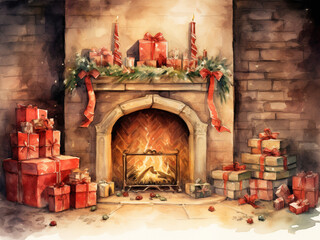 Christmas watercolor card in retro style. Living room with fireplace, Christmas tree beautifully decorated and gifts. AI generated