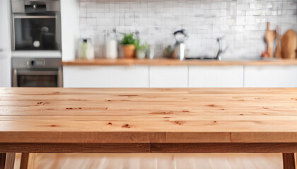 Wooden Table Against Blurred Kitchen Counter Background