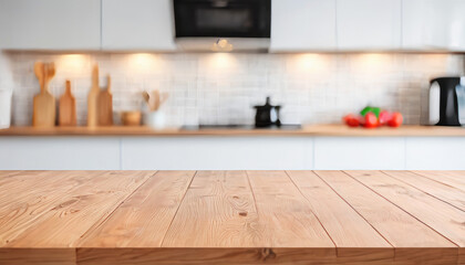 Wooden Table Against Blurred Kitchen Counter Background