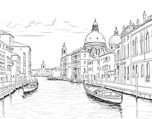 Captivating sketch of serene Venetian canal showcases Italys floating city in monochromatic splendor. Meticulous detail highlights grandeur of historic architecture, from iconic domed structures to