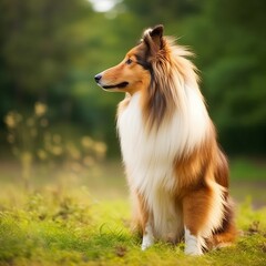 Sheltie sitting on the green meadow in a summer green field. Sheltie dog sitting on the grass with summer landscape in the background. AI generated illustration.