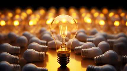 Lit energy saving lightbulb amongst unlit incandescent bulbs